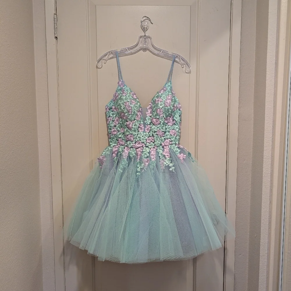 Jovani Multi Floral Embroidered Bodice Tulle Mini Dress Size 4 - Picture 8 of 11